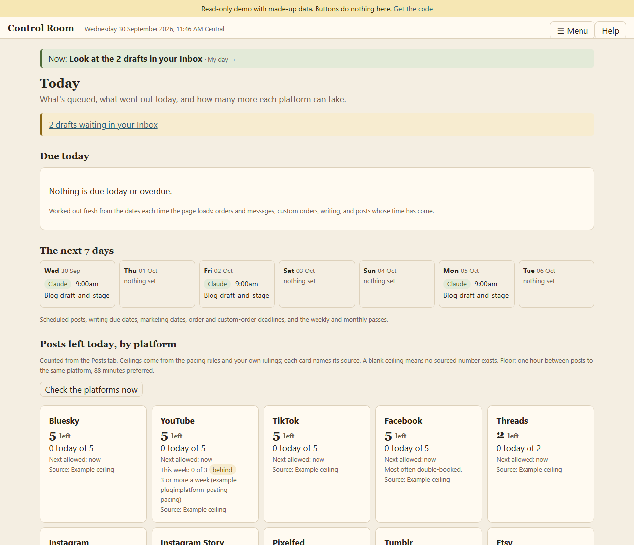The Today page, showing what is due, the next seven days, and how many more posts each platform can take today.