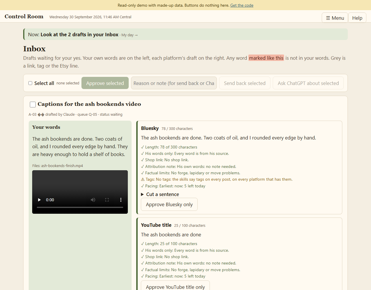 The Inbox page, with the dictated words on the left and the drafted Bluesky caption and YouTube title on the right, each with a list of passed checks.