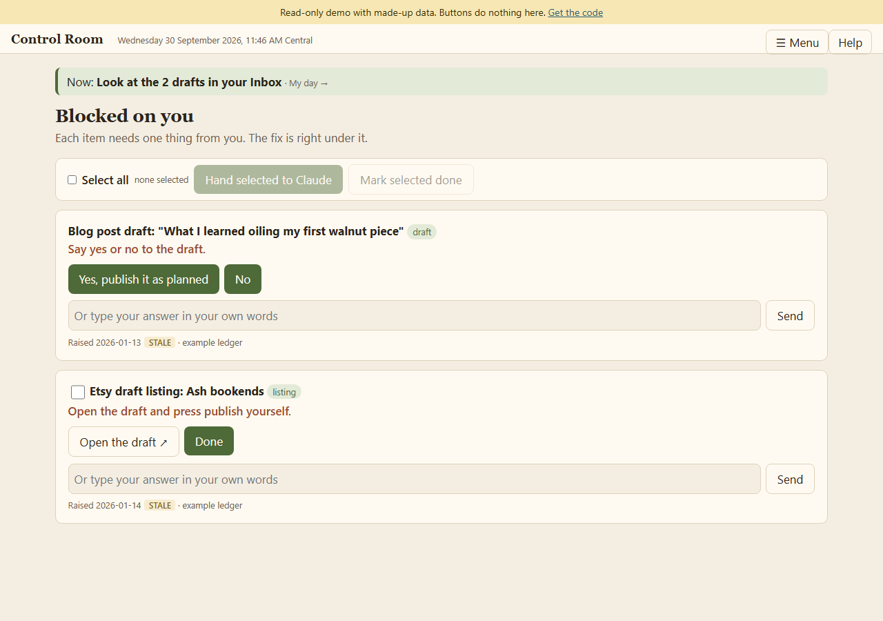 The Blocked on you page, listing items that need a decision, each with its own buttons underneath.