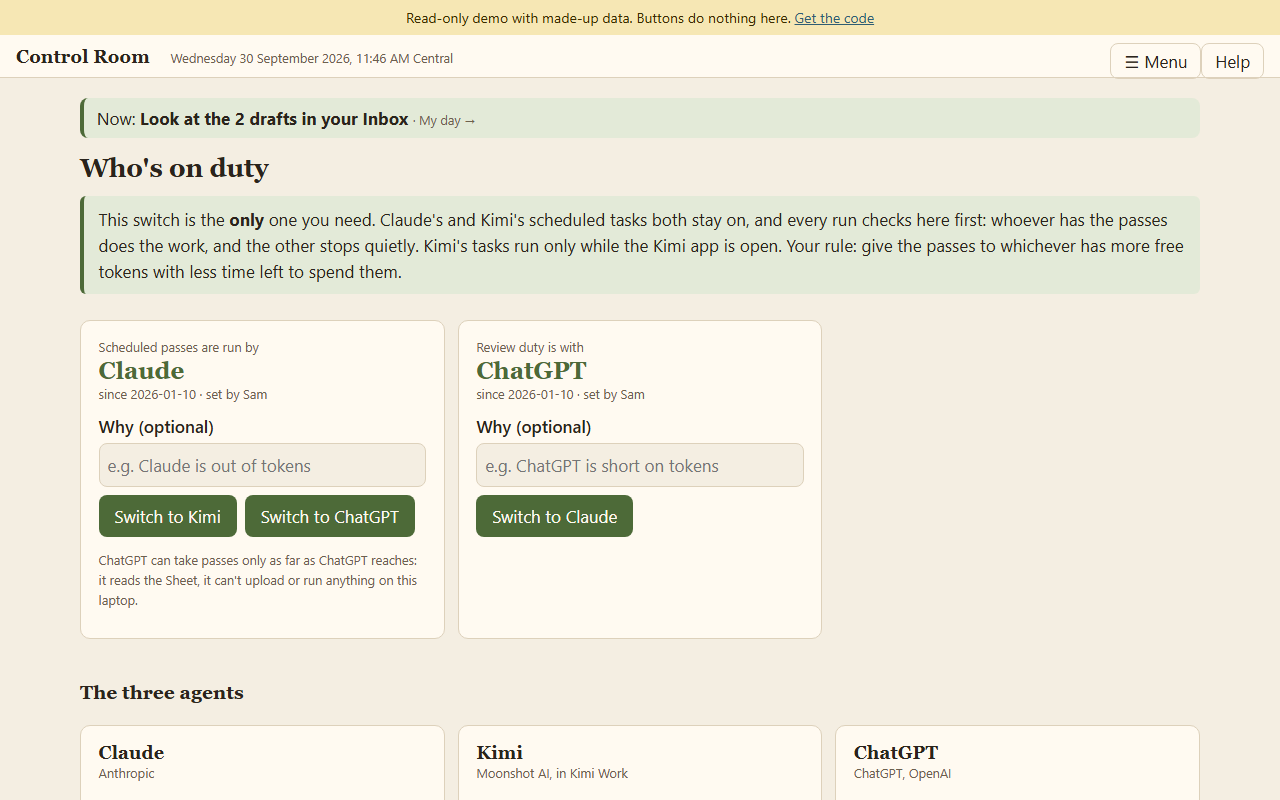 The Who's on duty page, showing Claude on duty for scheduled passes and ChatGPT on review duty, with buttons to switch.