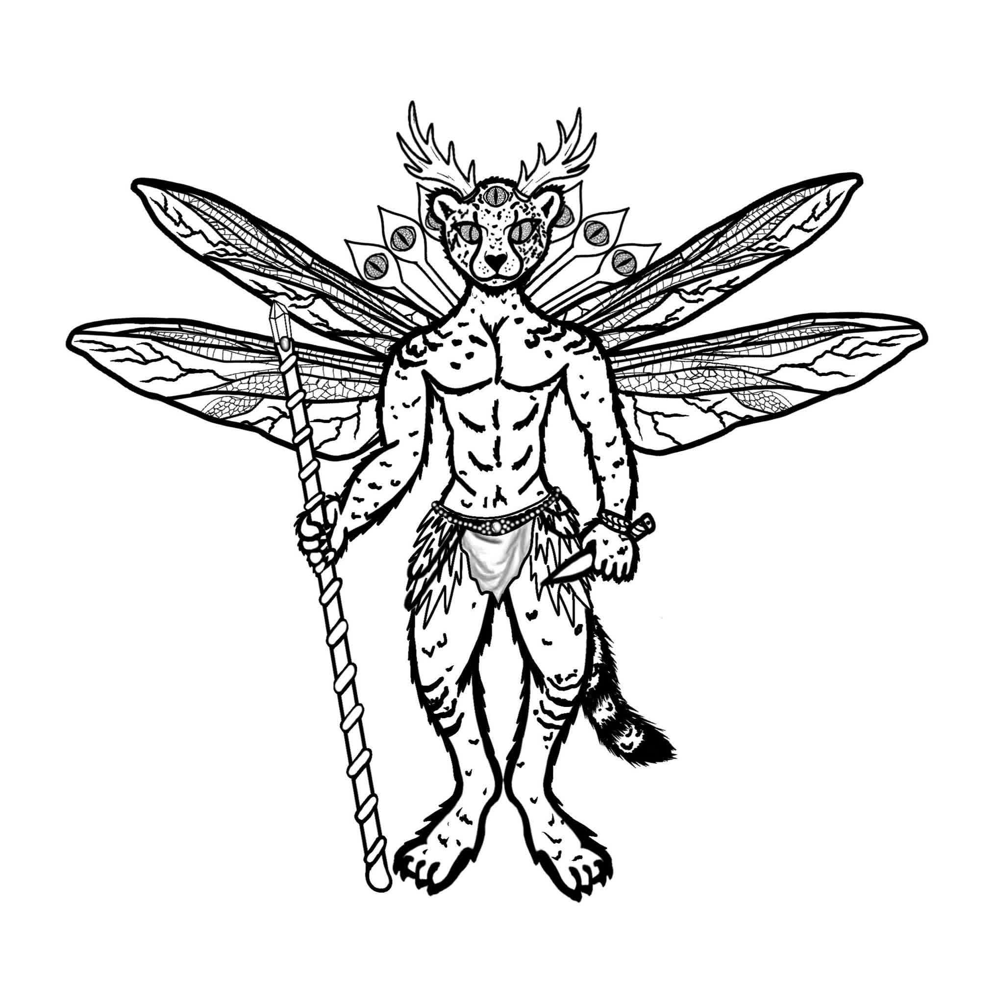 Elseivormel: a tall bipedal cheetah with stag antlers, a third eye between the brows, a fan of eye-marked peacock feathers behind the head, four dragonfly wings, a staff in one hand and a small blade in the other, and a single stone set at the centre of the belt.