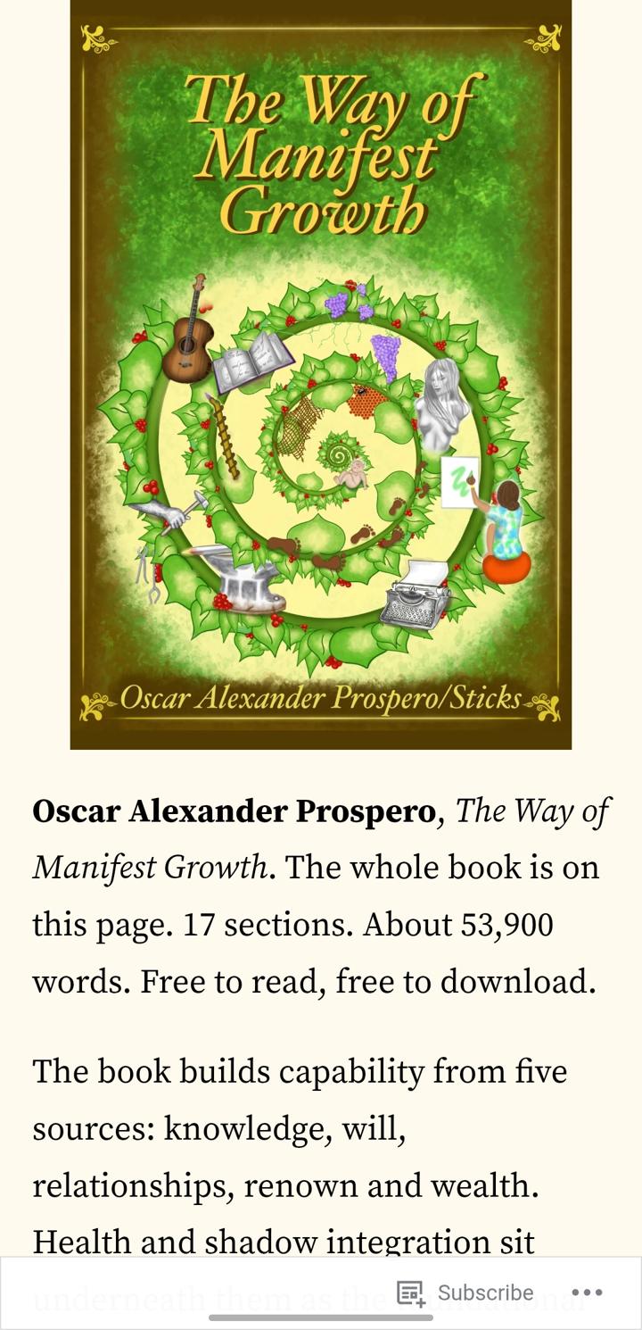 Phone screenshot of the book page: the green spiral cover of The Way of Manifest Growth above the note that the whole book is on the page, about 53,900 words, free to read and download.